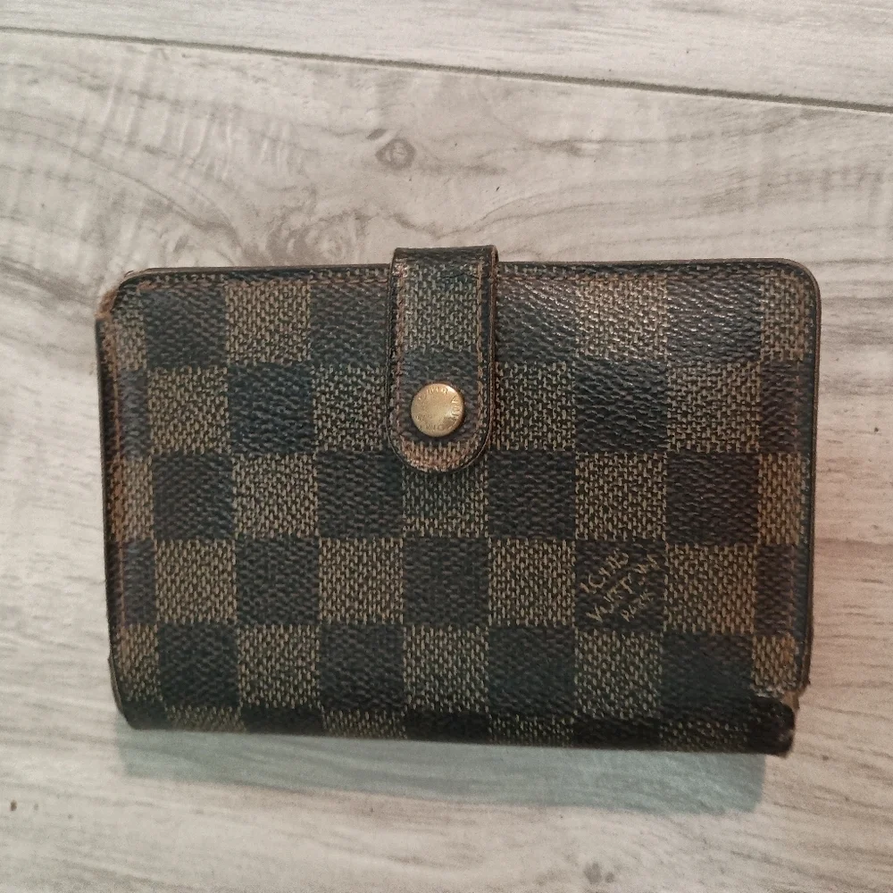 Auth Louis Vuitton LV Damier Vienois Wallet w/ Gold Fittings Canvas Brown